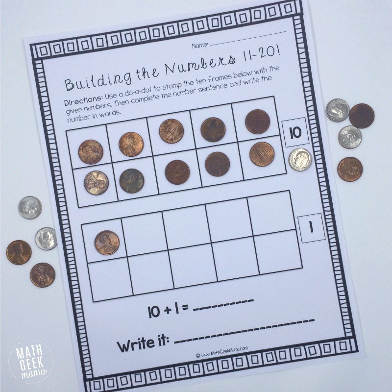 This set of interactive worksheets is perfect for helping kids understand the numbers 11-20, as well as building a foundation for place value. There are several hands-on ways to use them, as well as practice writing out the number words! Easy math fun for grades K-1!