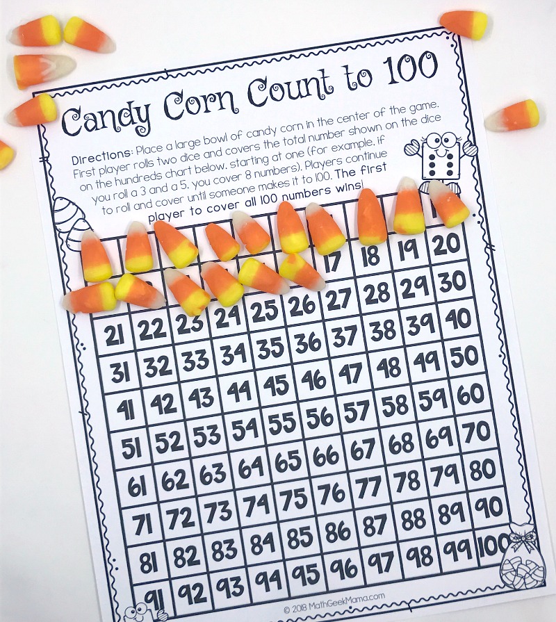 Looking for a fun way to put all your candy corn to good use? This free set of candy corn math printables use candy corn as a fun math manipulative. There are counting mats, an addition game, plus counting to 100 and measurement. Kids will love it!