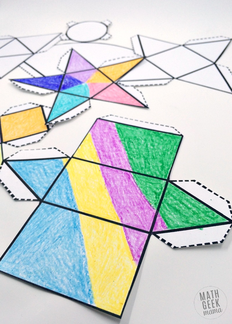 This easy to use printable set of foldable 3D shapes can be used for all sorts of math learning! Plus, let kids get creative and turn it into a math and art lesson in one!