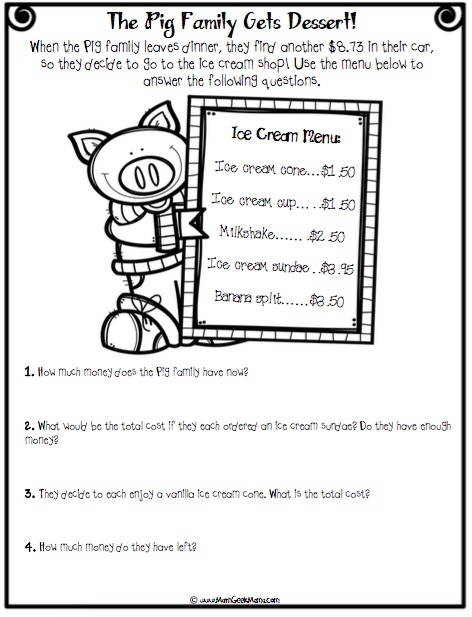 Fun and FREE extension lessons to help kids learn about money with the book, "Pigs Will Be Pigs!"
