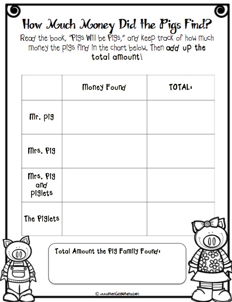 Fun and FREE extension lessons to help kids learn about money with the book, "Pigs Will Be Pigs!"
