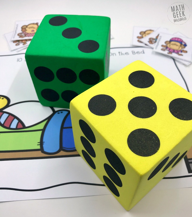This super simple printable game can be used along with the book or rhyme, "Ten Little Monkeys Jumping on the Bed." The great thing about this game is that is can be used and adapted for nearly any age! So all your kids can practice their math skills together! 