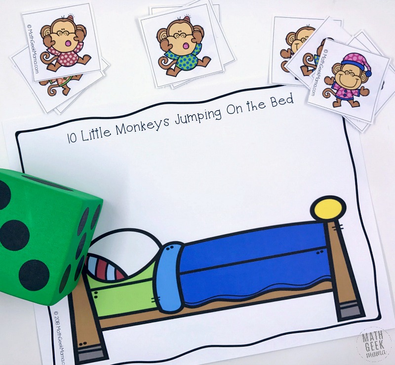 This super simple printable game can be used along with the book or rhyme, "Ten Little Monkeys Jumping on the Bed." The great thing about this game is that is can be used and adapted for nearly any age! So all your kids can practice their math skills together! 
