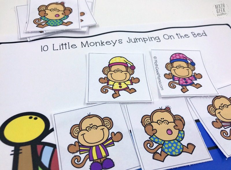 This super simple printable game can be used along with the book or rhyme, "Ten Little Monkeys Jumping on the Bed." The great thing about this game is that is can be used and adapted for nearly any age! So all your kids can practice their math skills together! 