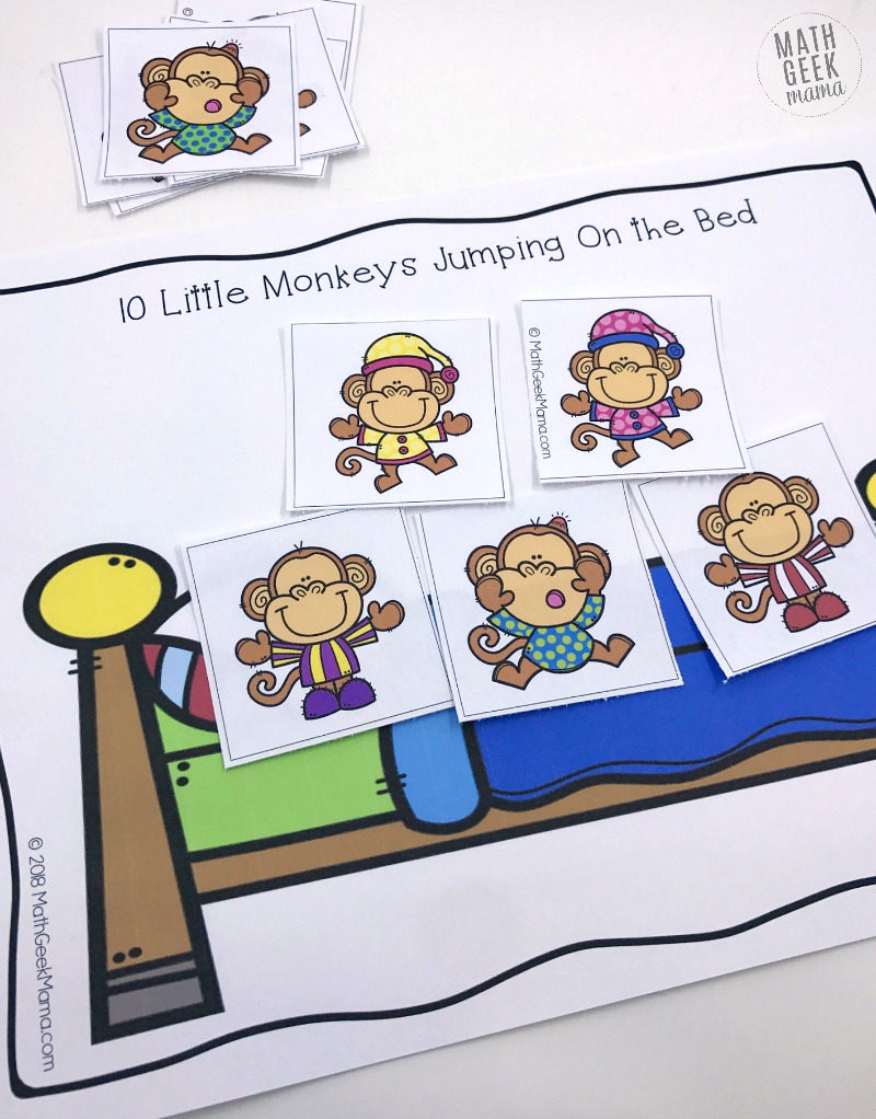 This super simple printable game can be used along with the book or rhyme, "Ten Little Monkeys Jumping on the Bed." The great thing about this game is that is can be used and adapted for nearly any age! So all your kids can practice their math skills together! 
