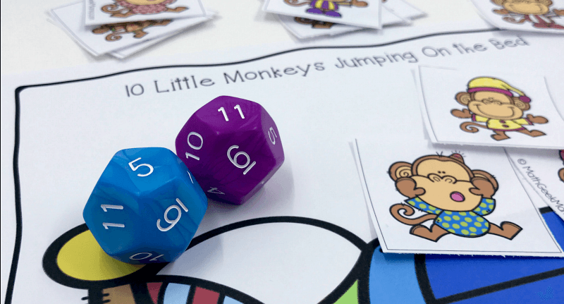 This super simple printable game can be used along with the book or rhyme, "Ten Little Monkeys Jumping on the Bed." The great thing about this game is that is can be used and adapted for nearly any age! So all your kids can practice their math skills together! 